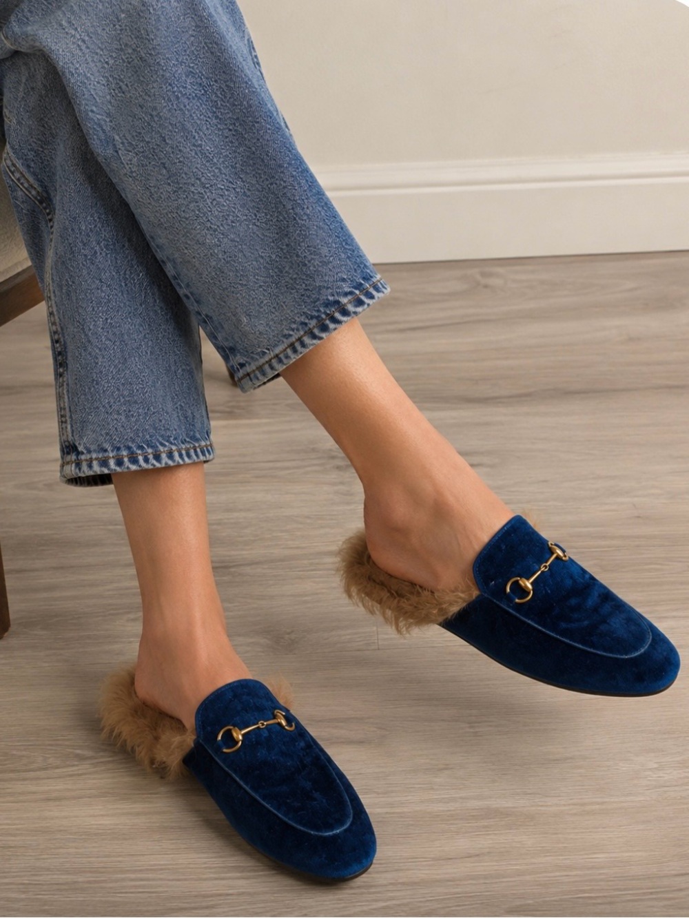 Authentic Gucci Blue Velvet Fur-Lined Horsebit Loafers